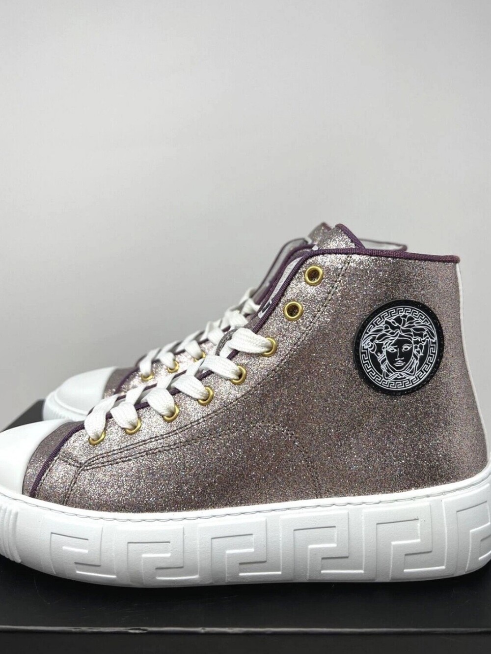 Versace Greca HighTop Plum Gold Glitter Sneakers Women's EU 39 / US Size 8.5 - Picture 4 of 10